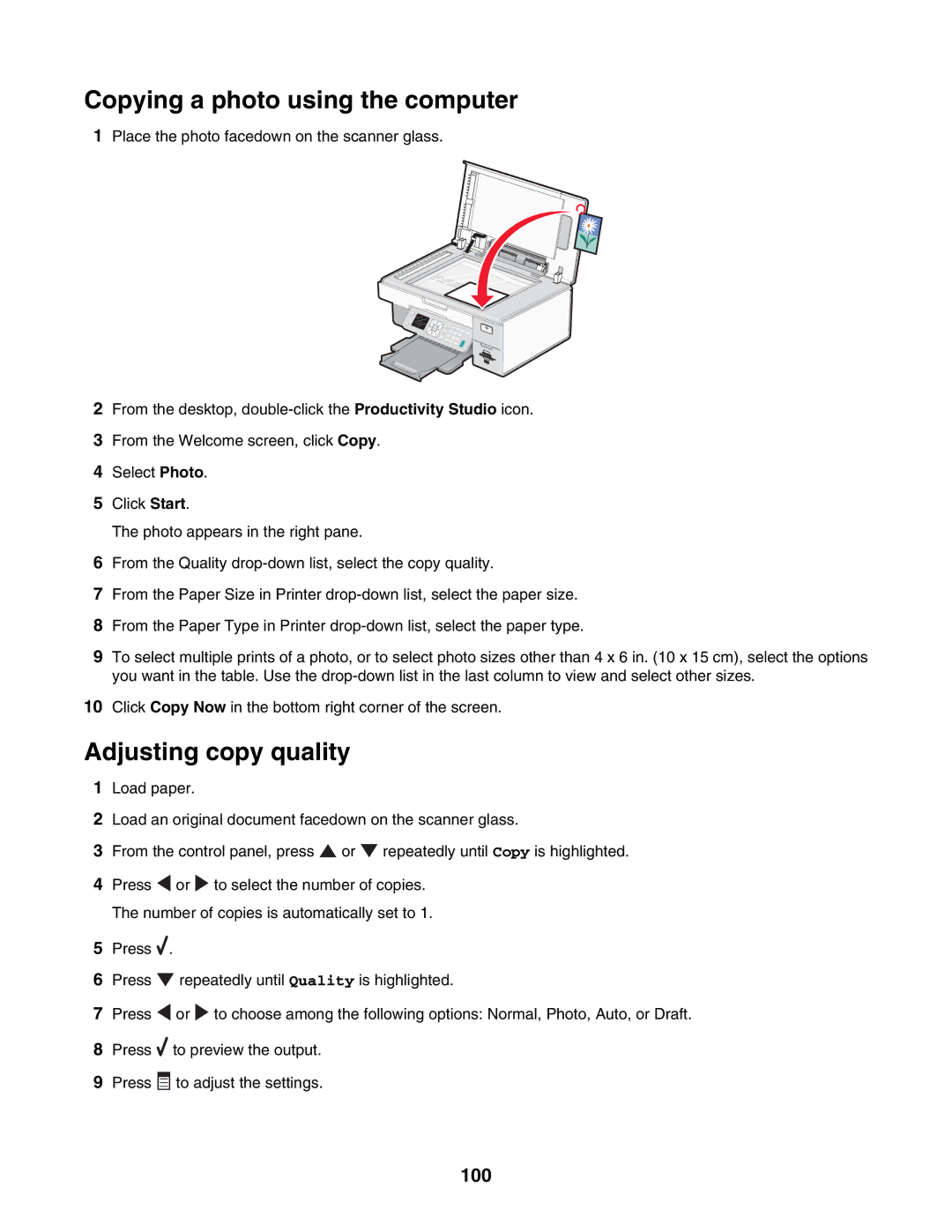 Lexmark 7500 Series manual Copying a photo using the computer, Adjusting copy quality, 100 