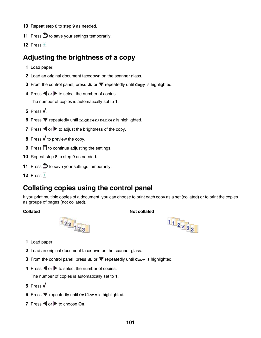 Lexmark 7500 Series manual Adjusting the brightness of a copy, Collating copies using the control panel, 101 