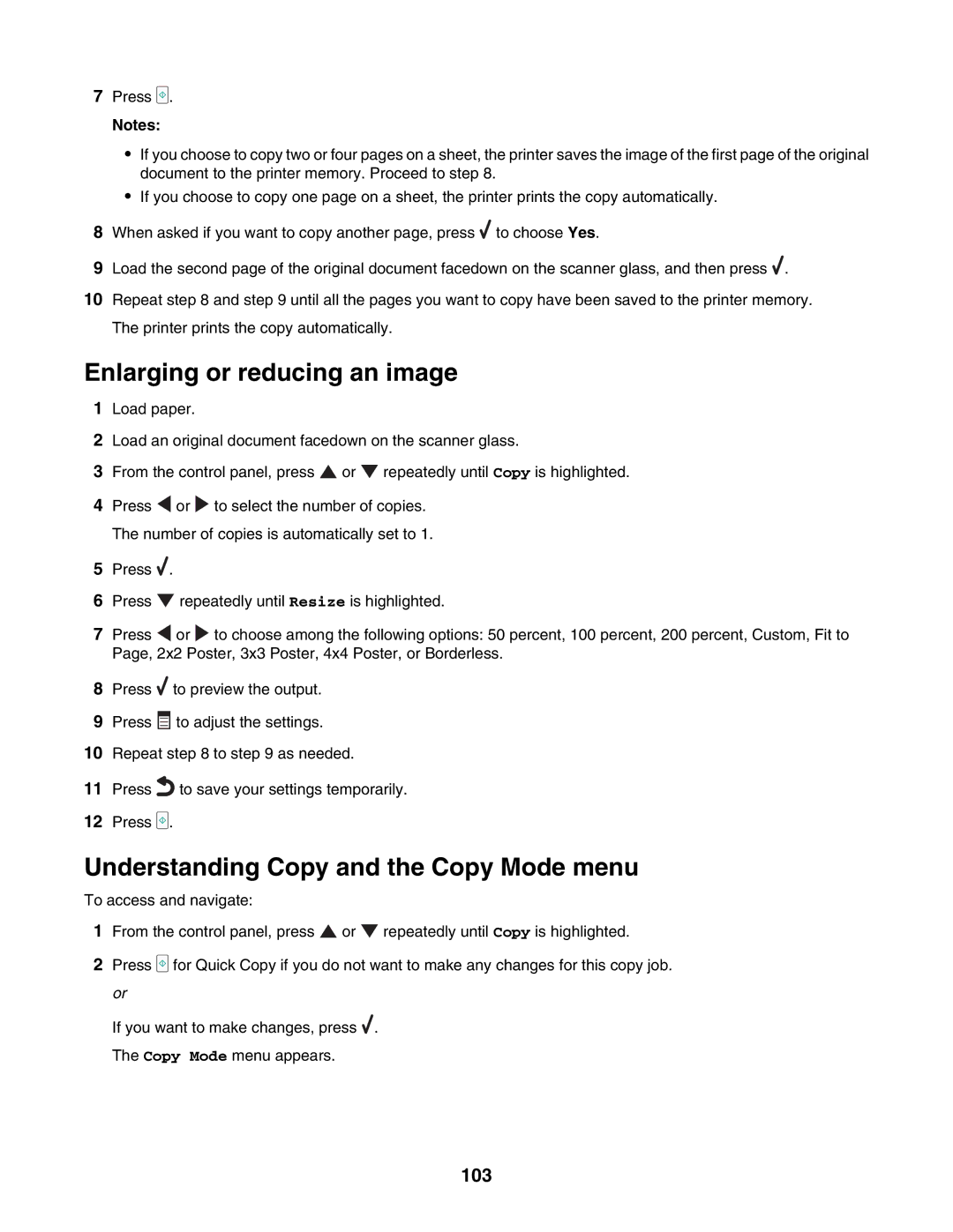 Lexmark 7500 Series manual Enlarging or reducing an image, Understanding Copy and the Copy Mode menu, 103 