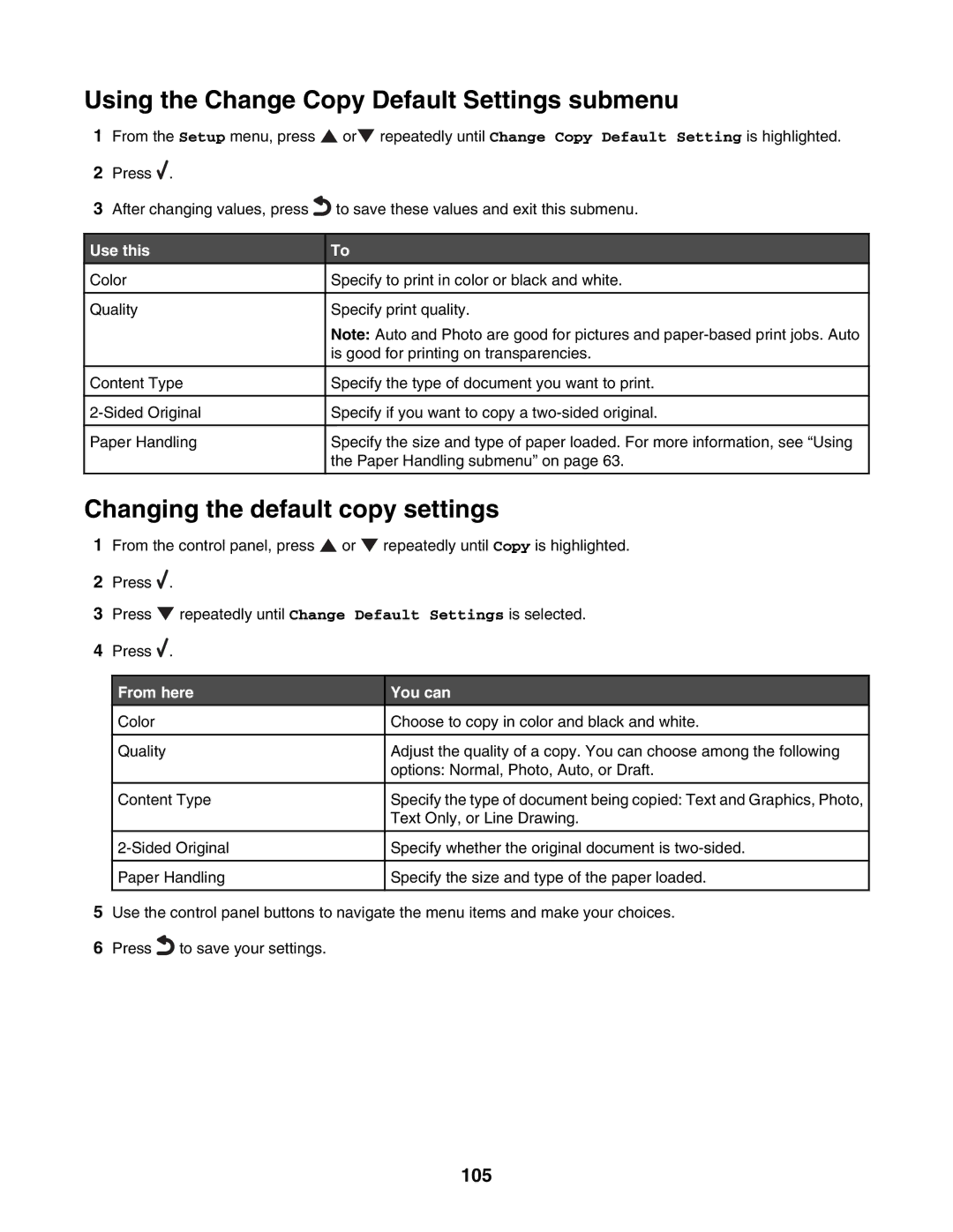 Lexmark 7500 Series manual Using the Change Copy Default Settings submenu, Changing the default copy settings, 105 