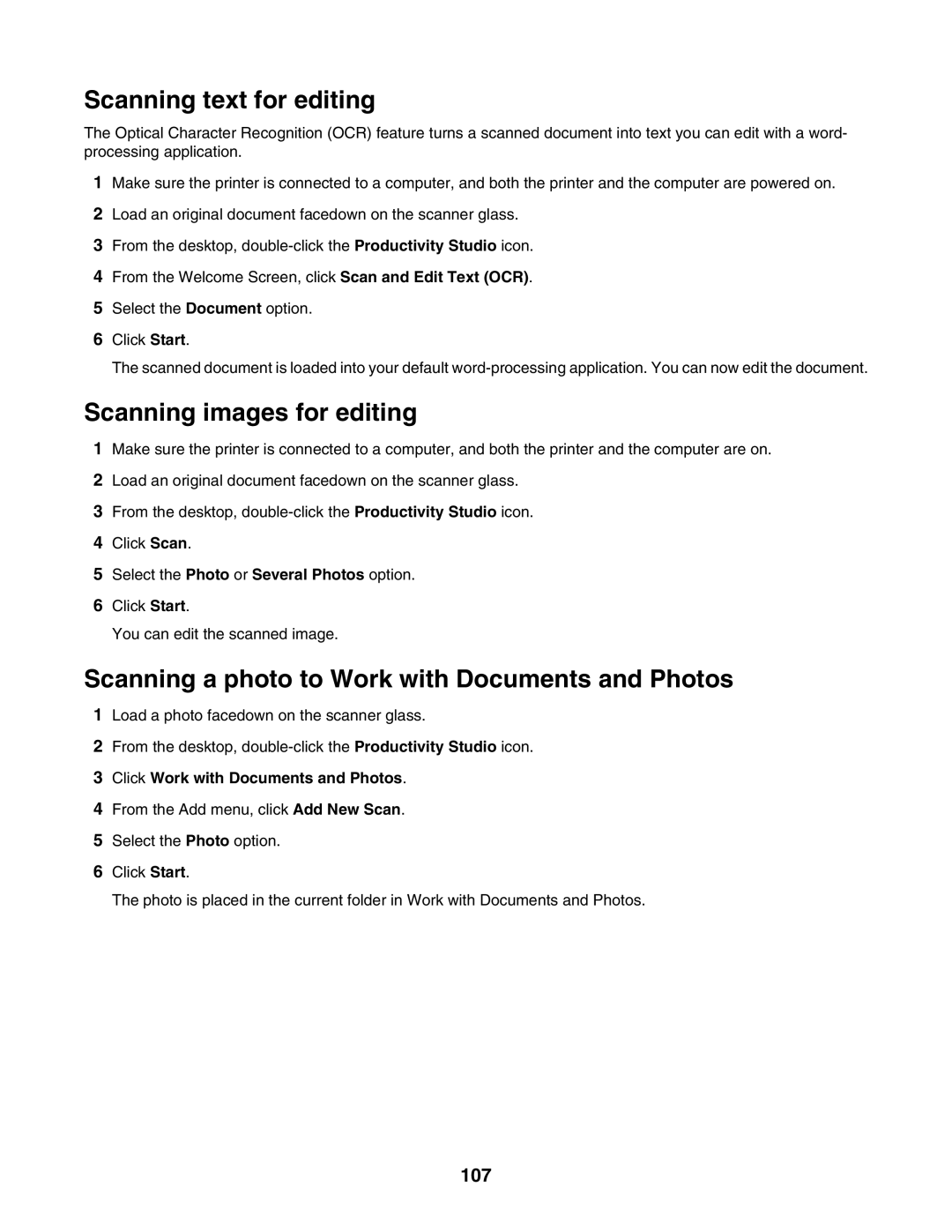 Lexmark 7500 Series manual Scanning text for editing, Scanning images for editing, 107 