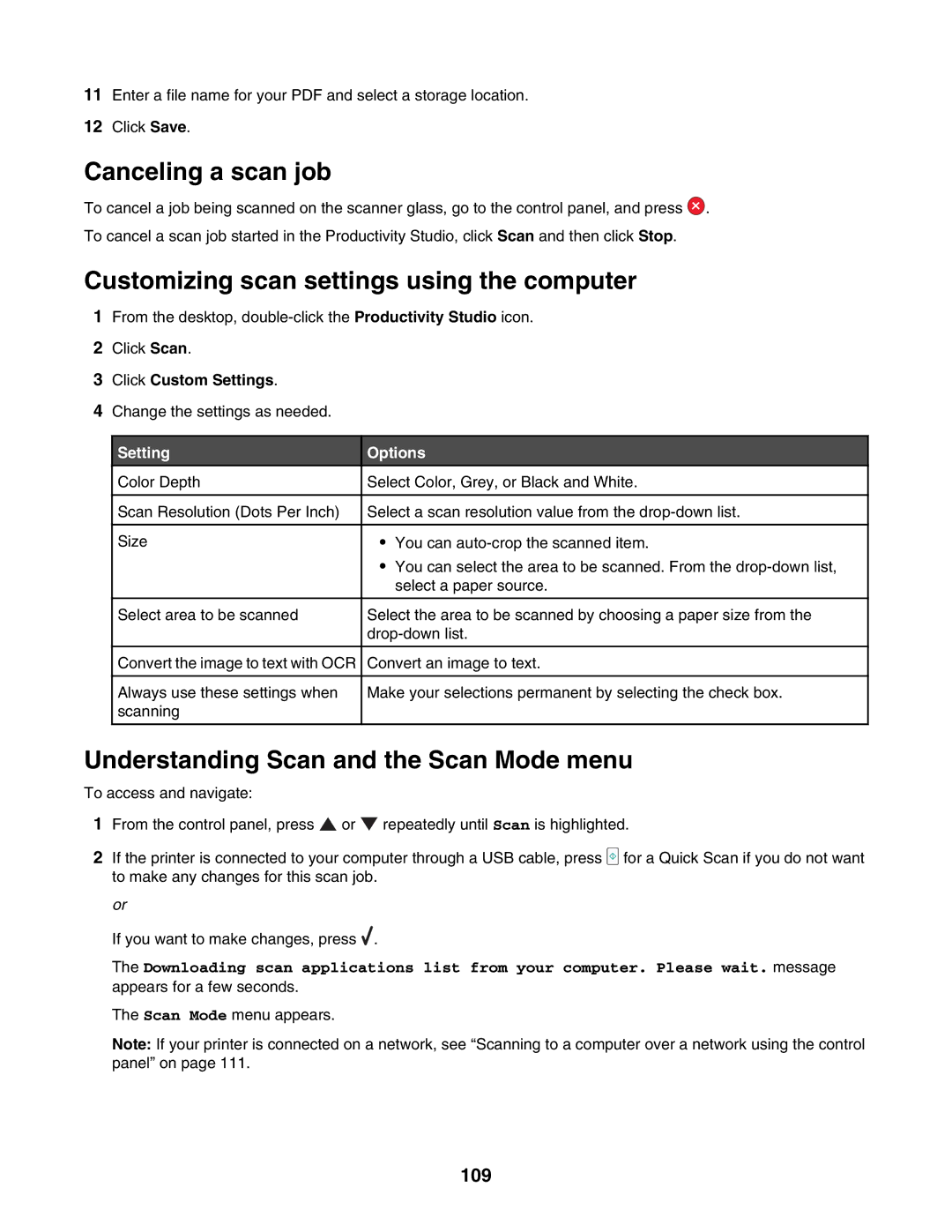 Lexmark 7500 Series manual Canceling a scan job, Customizing scan settings using the computer, 109, Setting Options 