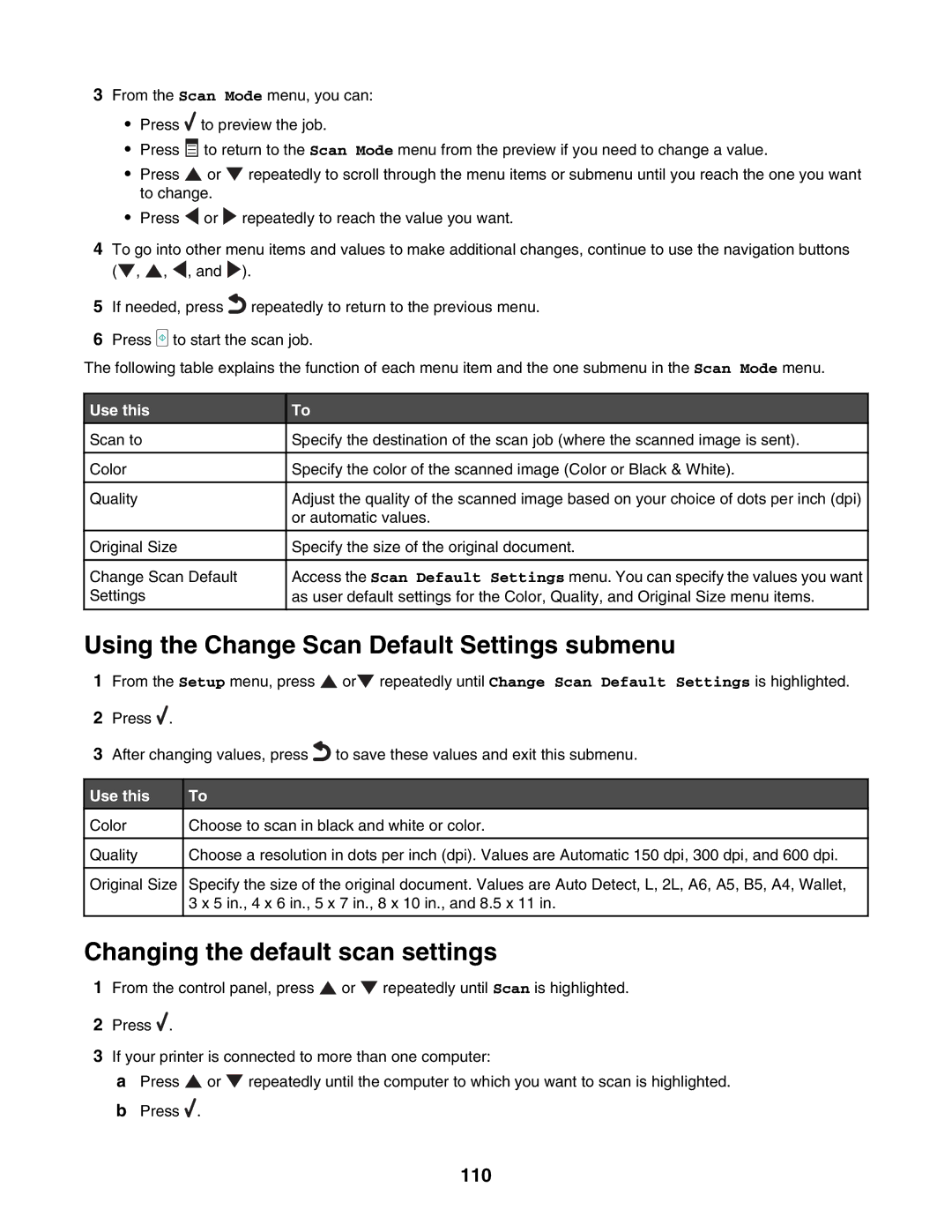 Lexmark 7500 Series manual Using the Change Scan Default Settings submenu, Changing the default scan settings, 110 