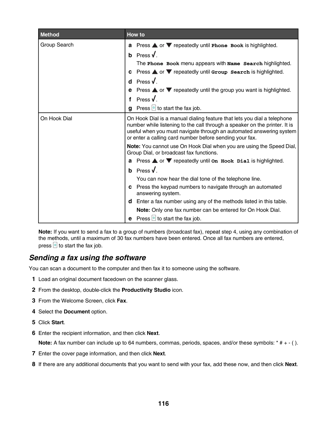 Lexmark 7500 Series manual Sending a fax using the software, 116 