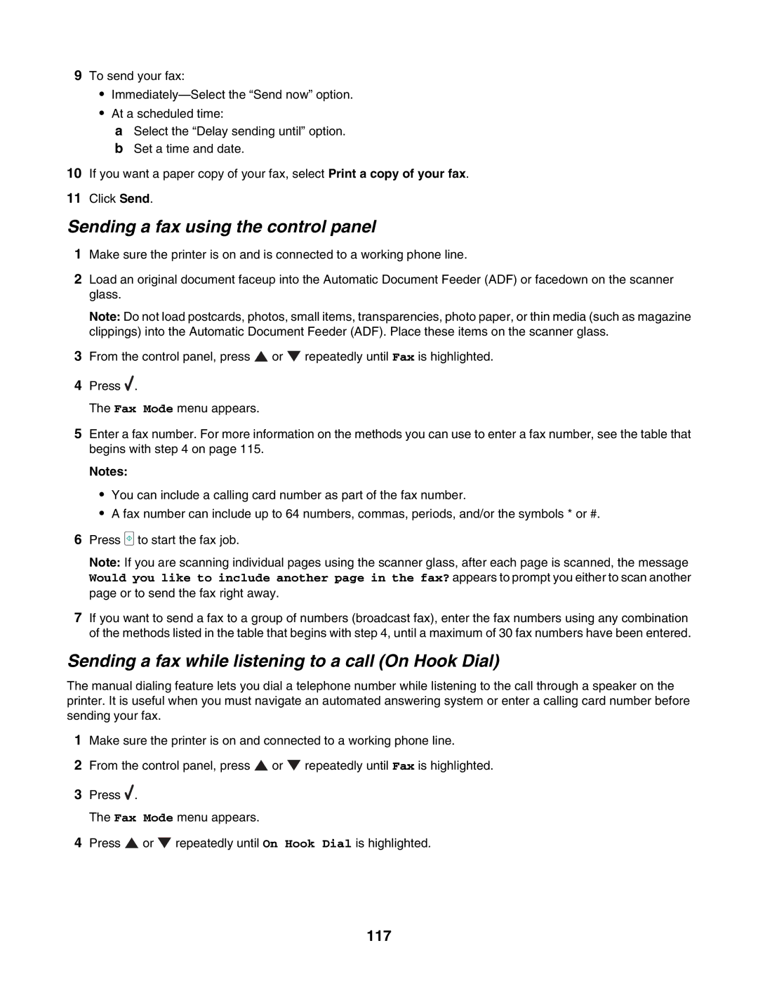 Lexmark 7500 Series manual Sending a fax using the control panel, Sending a fax while listening to a call On Hook Dial, 117 