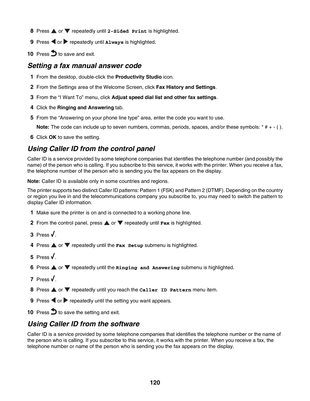 Lexmark 7500 Series Setting a fax manual answer code, Using Caller ID from the control panel, 120 