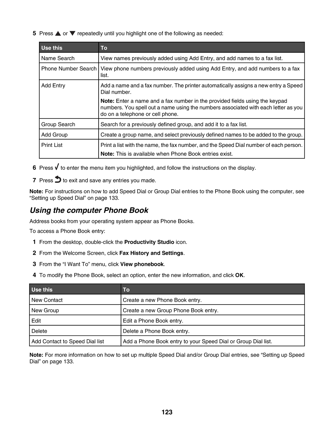 Lexmark 7500 Series manual Using the computer Phone Book, 123 