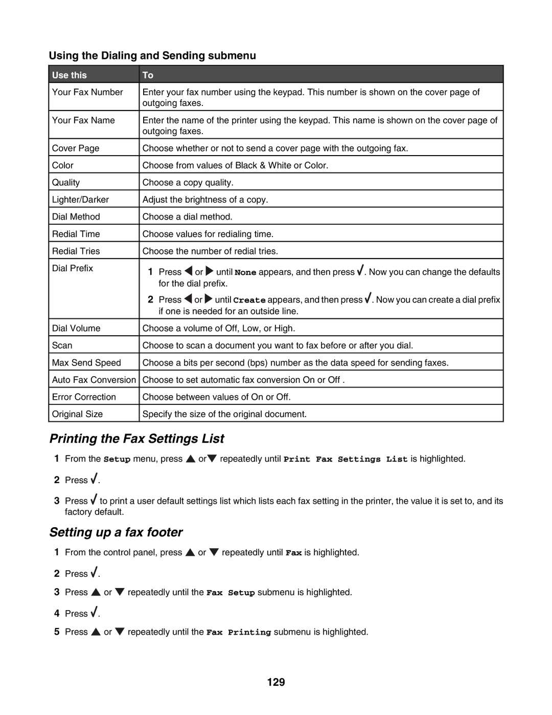 Lexmark 7500 Series Printing the Fax Settings List, Setting up a fax footer, Using the Dialing and Sending submenu, 129 