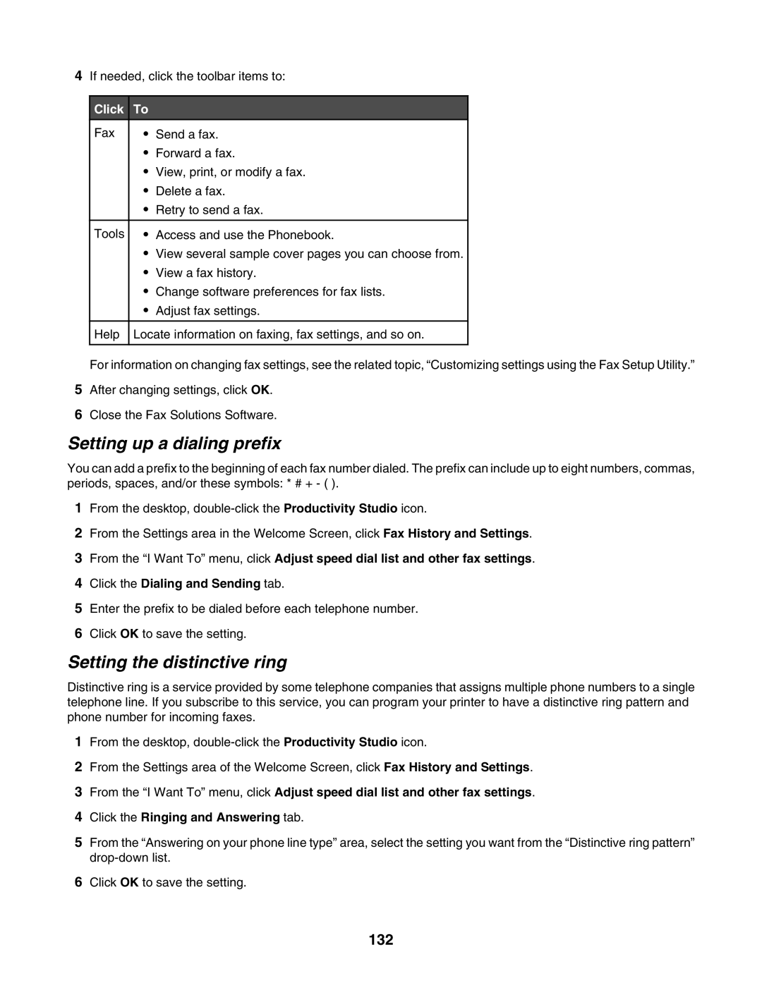 Lexmark 7500 Series manual Setting up a dialing prefix, Setting the distinctive ring, 132 