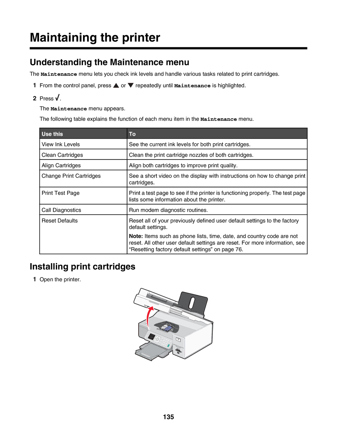 Lexmark 7500 Series manual Maintaining the printer, Understanding the Maintenance menu, Installing print cartridges, 135 