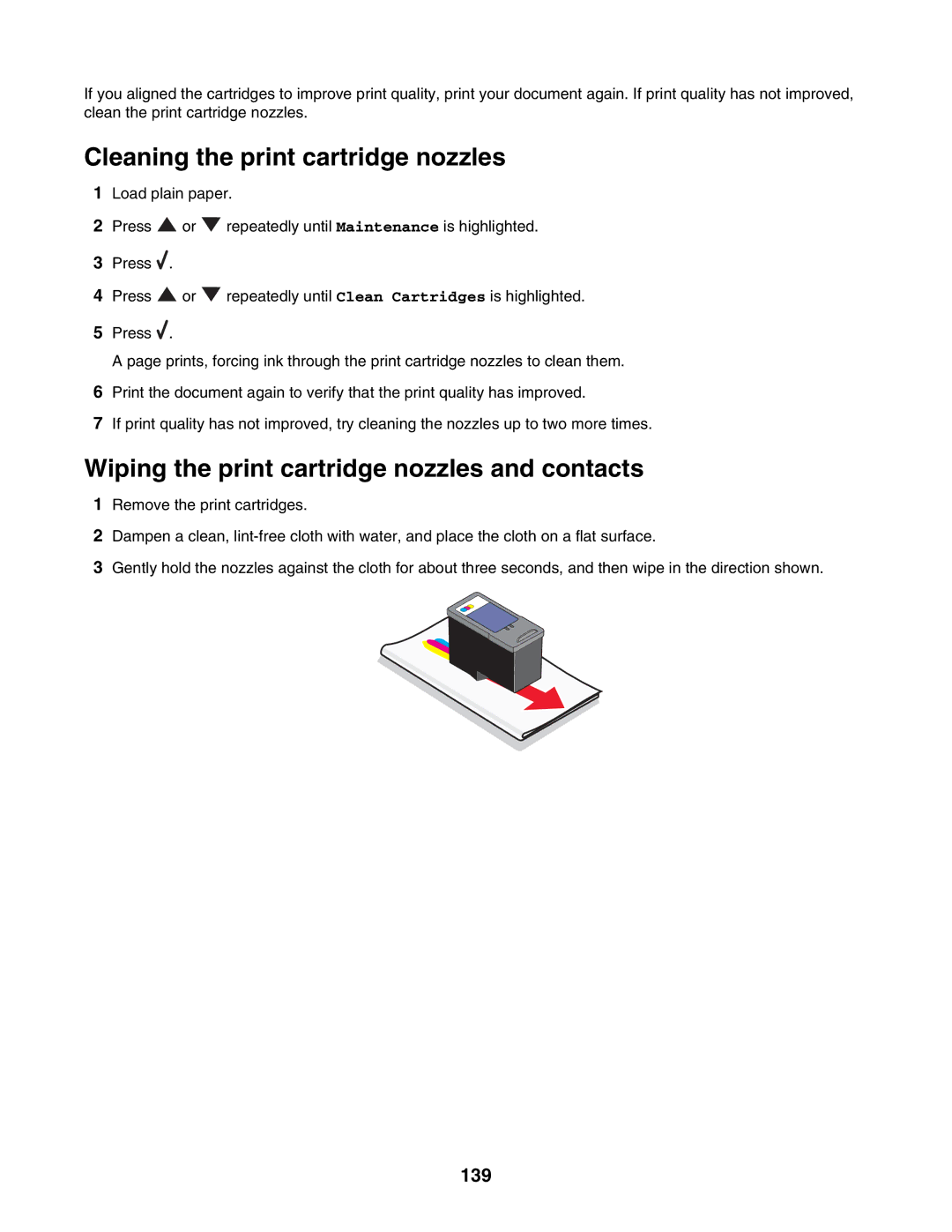 Lexmark 7500 Series manual Cleaning the print cartridge nozzles, Wiping the print cartridge nozzles and contacts, 139 