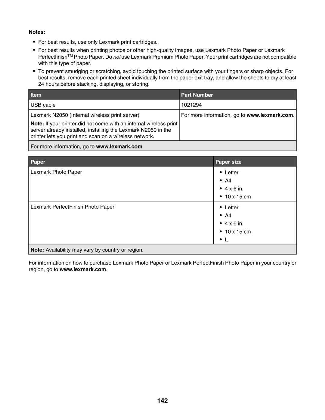 Lexmark 7500 Series manual 142, Part Number, Paper size 