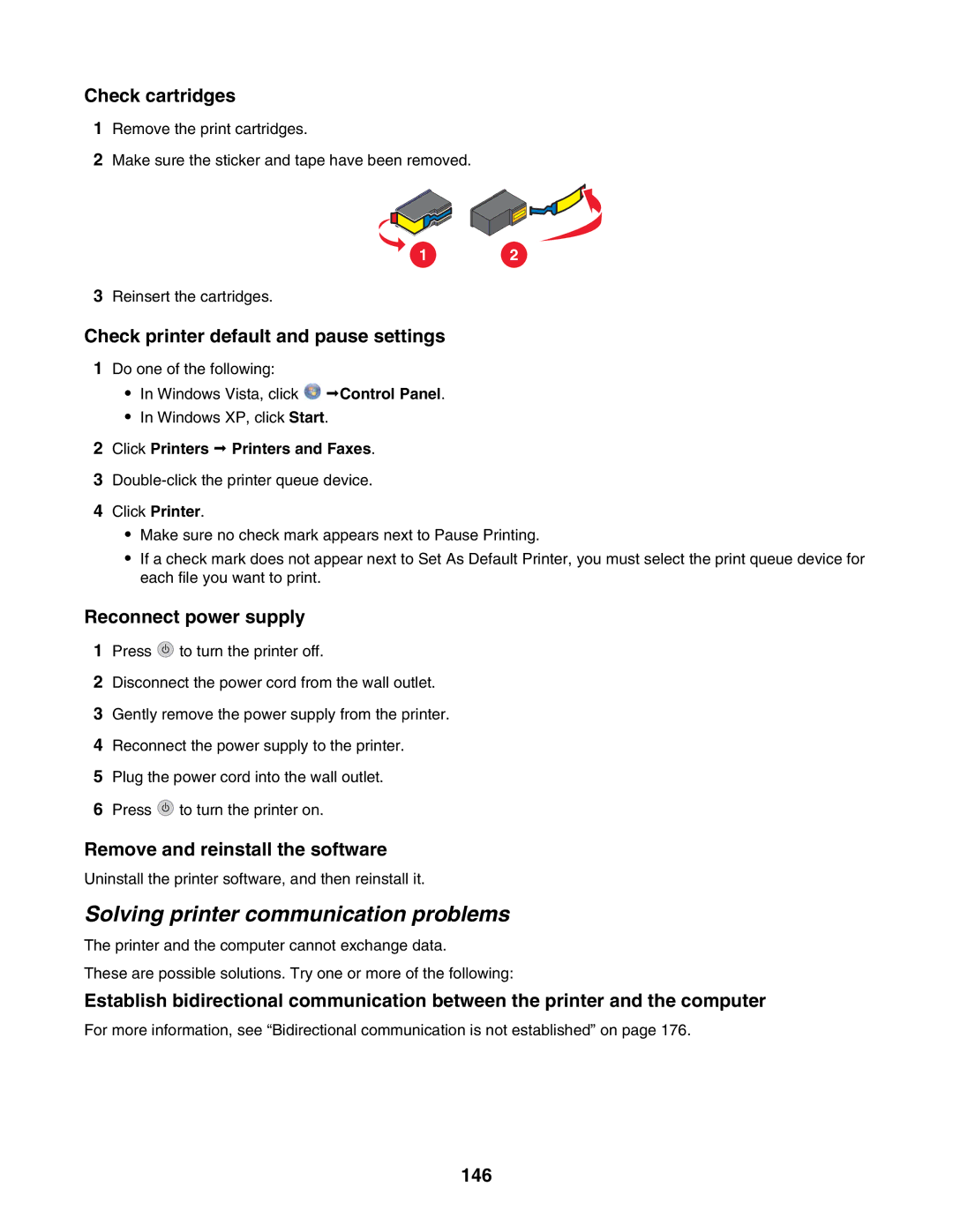 Lexmark 7500 Series Solving printer communication problems, Check cartridges, Check printer default and pause settings 