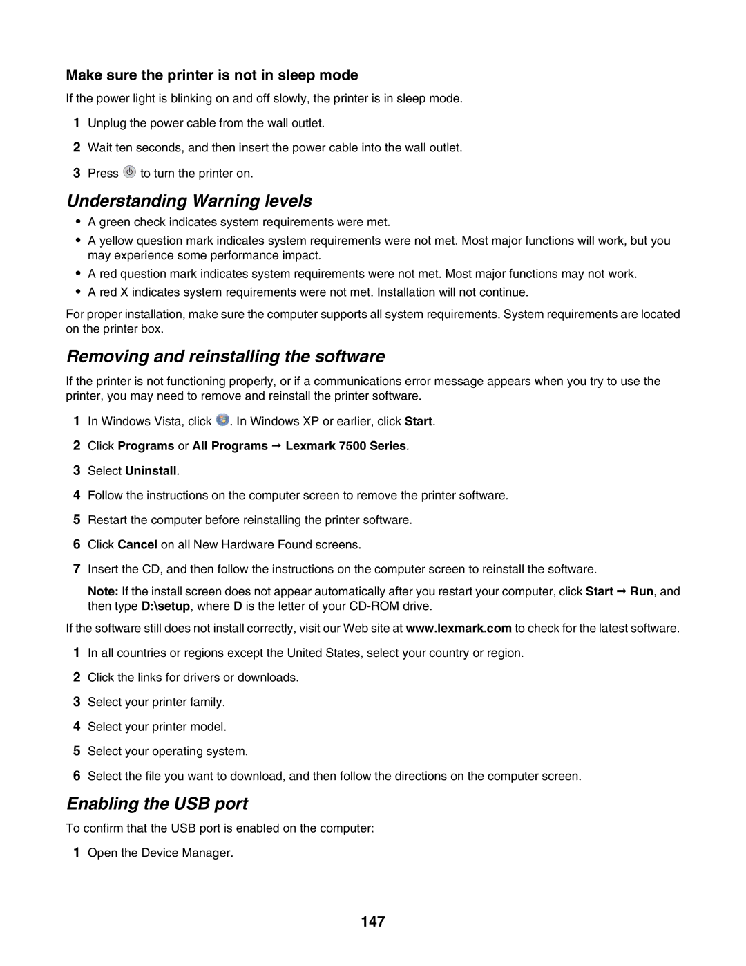 Lexmark 7500 Series manual Understanding Warning levels, Removing and reinstalling the software, Enabling the USB port, 147 