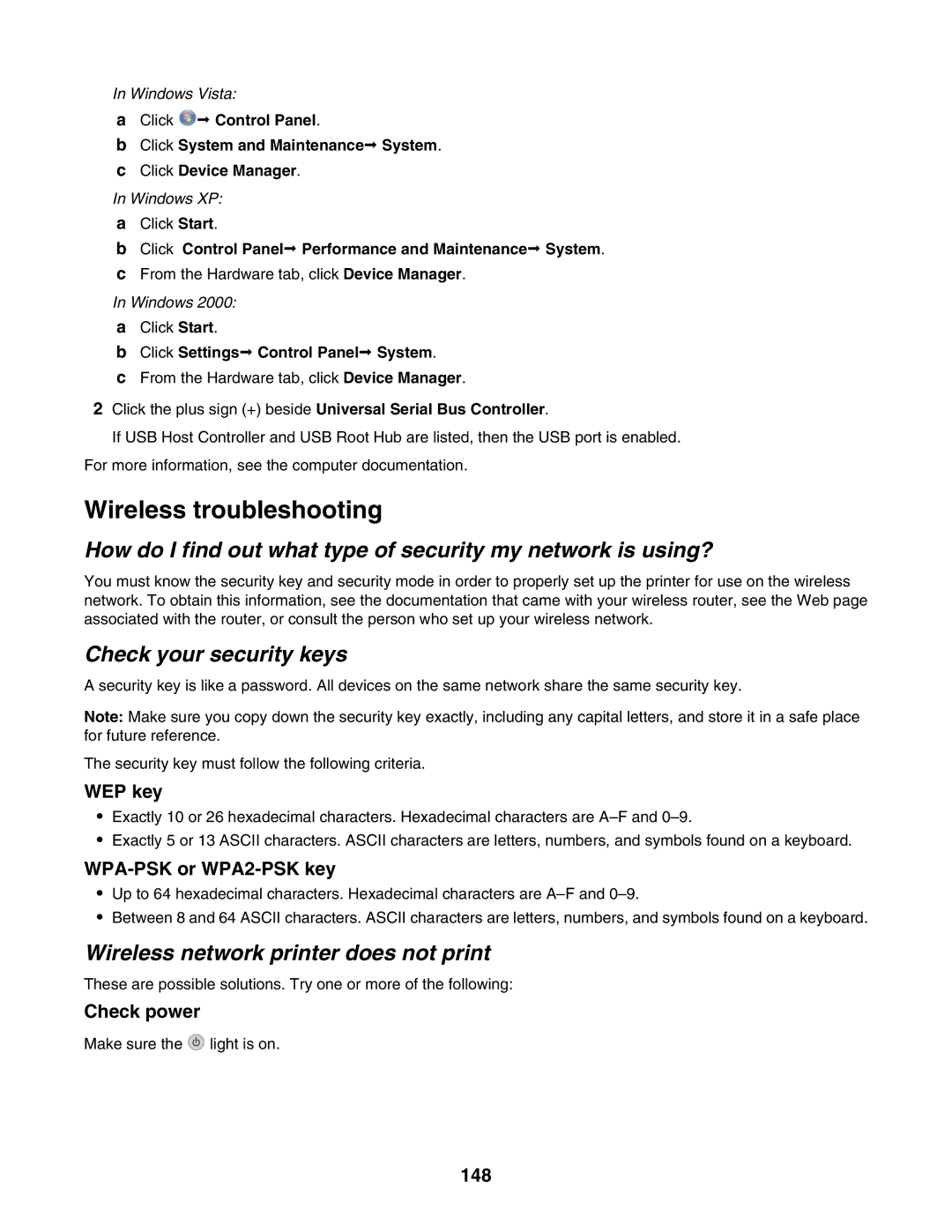 Lexmark 7500 Series manual Wireless troubleshooting, Check your security keys, Wireless network printer does not print 