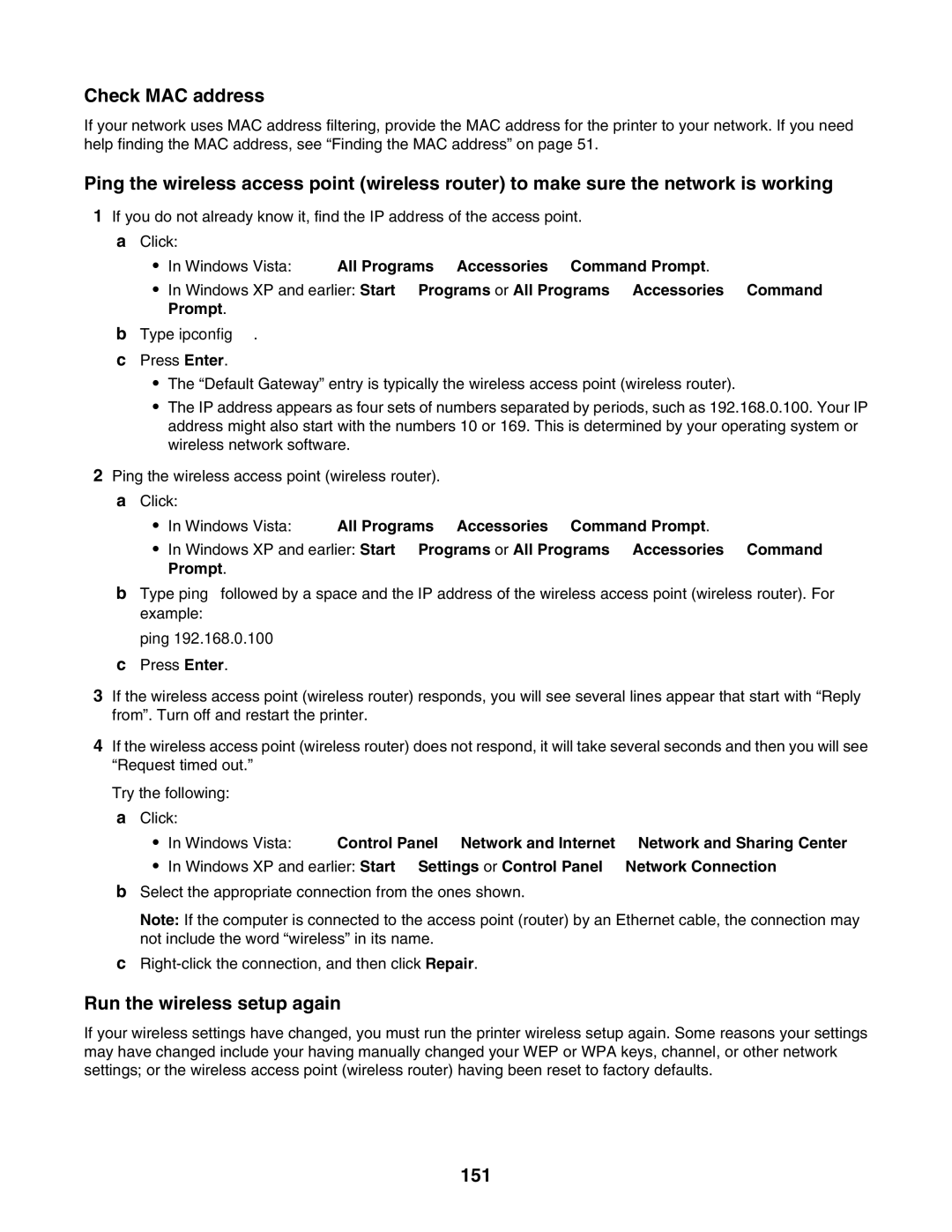 Lexmark 7500 Series manual Check MAC address, Run the wireless setup again, 151 