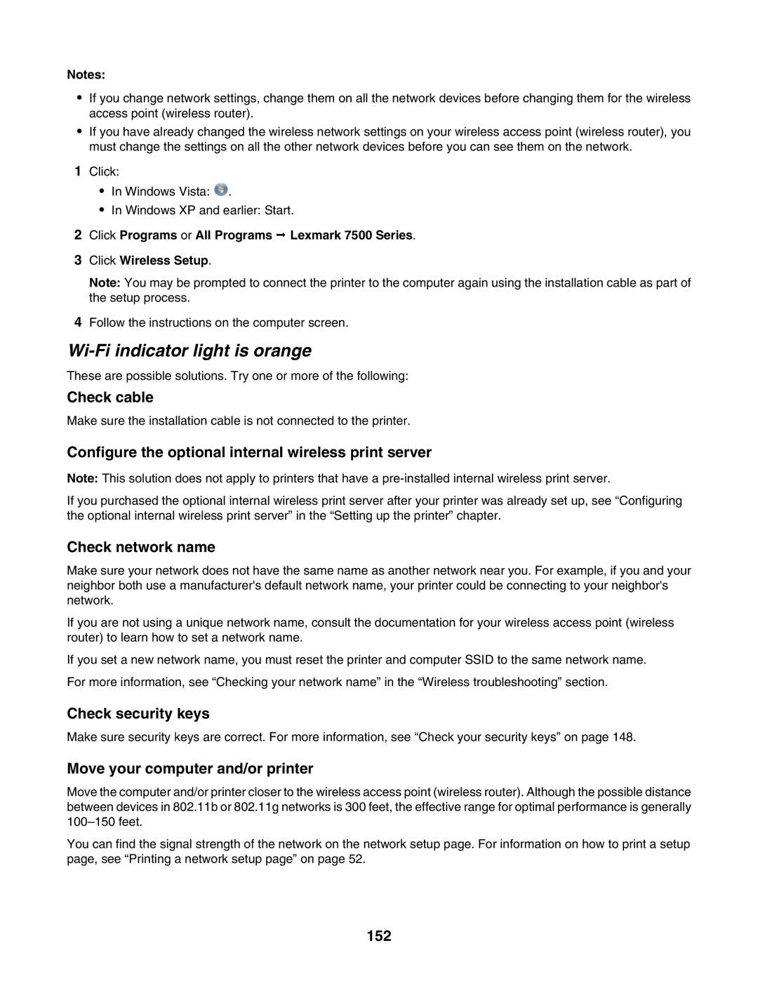 Lexmark 7500 Series manual Wi-Fi indicator light is orange, Configure the optional internal wireless print server, 152 