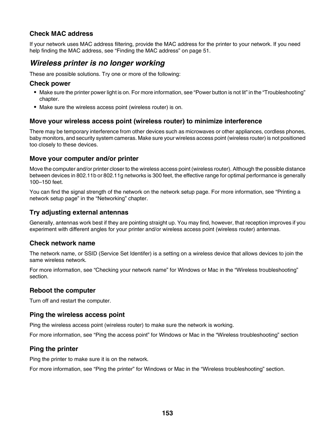 Lexmark 7500 Series manual Wireless printer is no longer working, Ping the wireless access point, Ping the printer, 153 