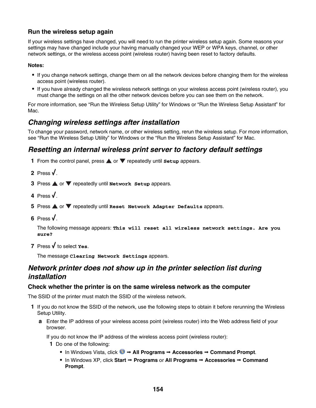 Lexmark 7500 Series manual Changing wireless settings after installation, 154 