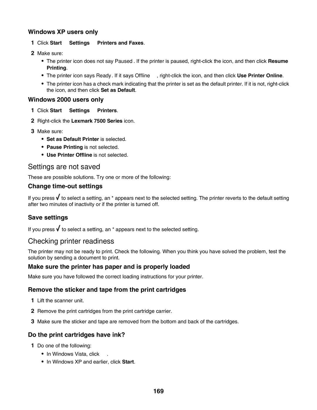 Lexmark 7500 Series manual Settings are not saved, Checking printer readiness 