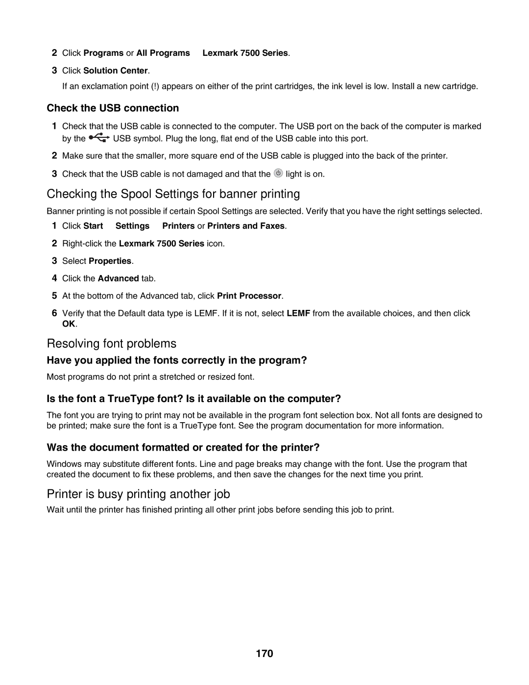 Lexmark 7500 Series manual Checking the Spool Settings for banner printing, Resolving font problems 