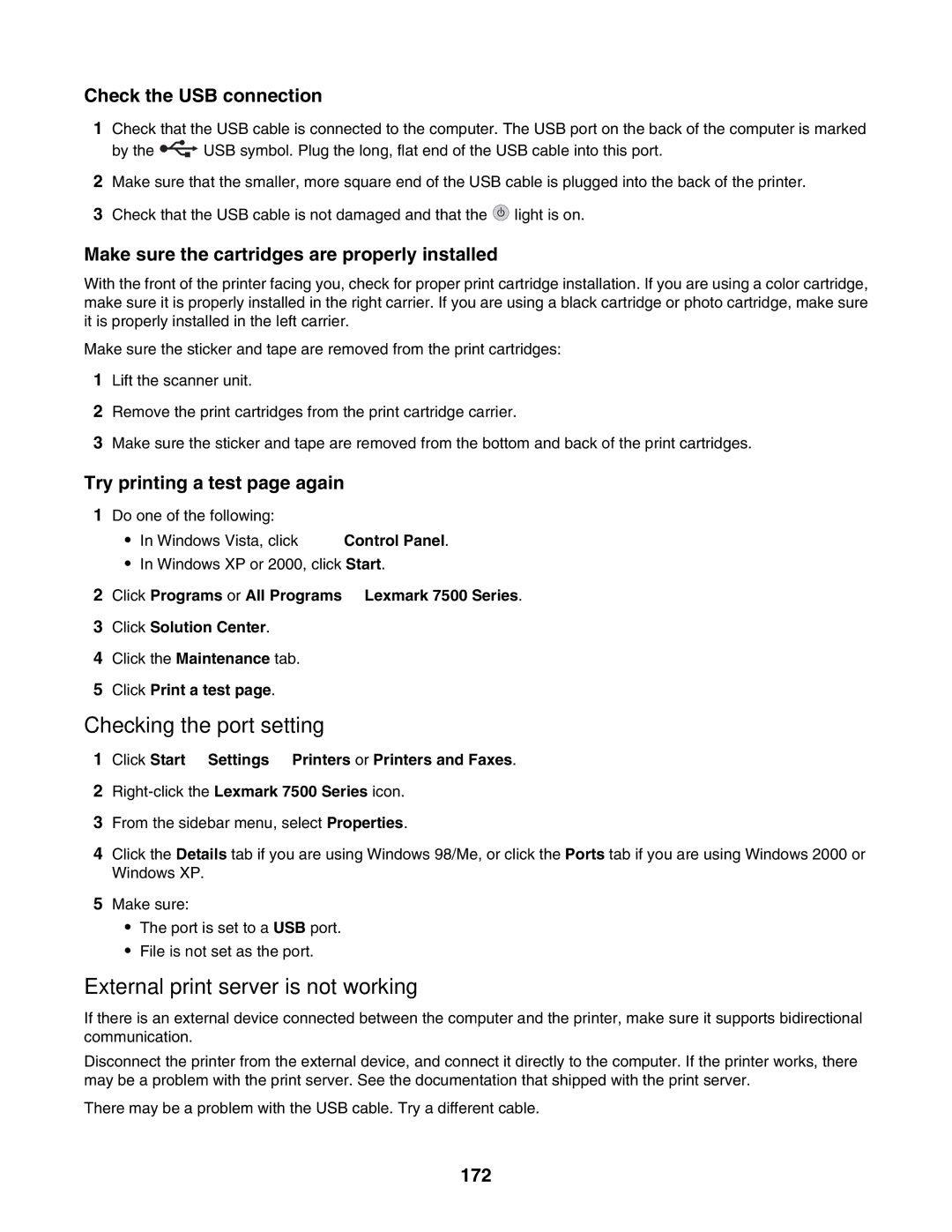 Lexmark 7500 Series Checking the port setting, External print server is not working, Try printing a test page again, 172 