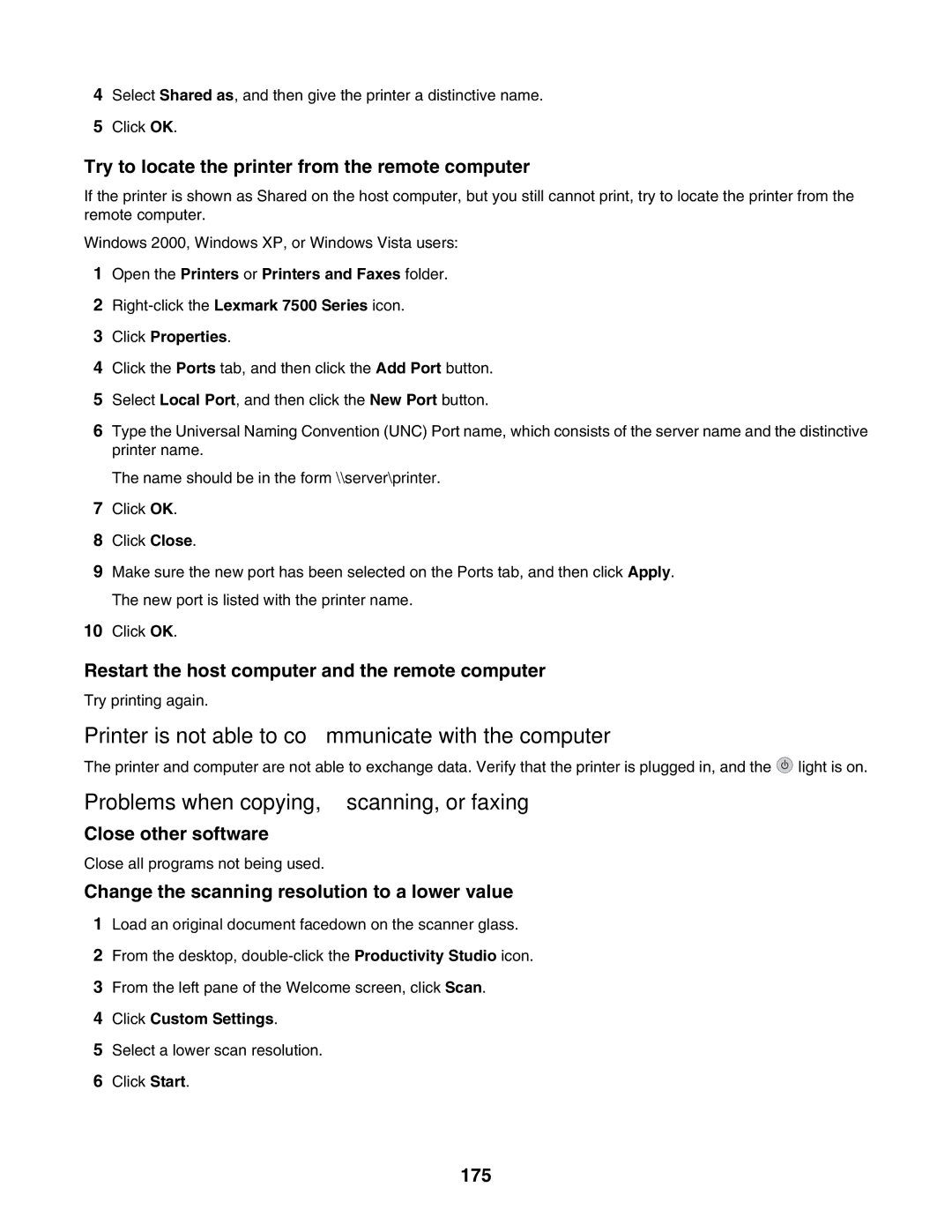 Lexmark 7500 Series manual Printer is not able to communicate with the computer, Problems when copying, scanning, or faxing 