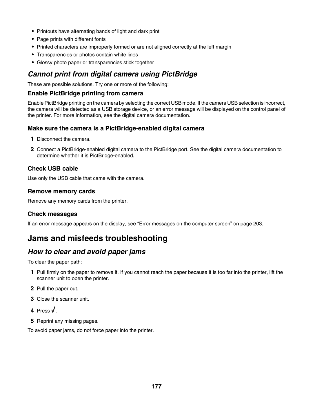 Lexmark 7500 Series manual Jams and misfeeds troubleshooting, Cannot print from digital camera using PictBridge 