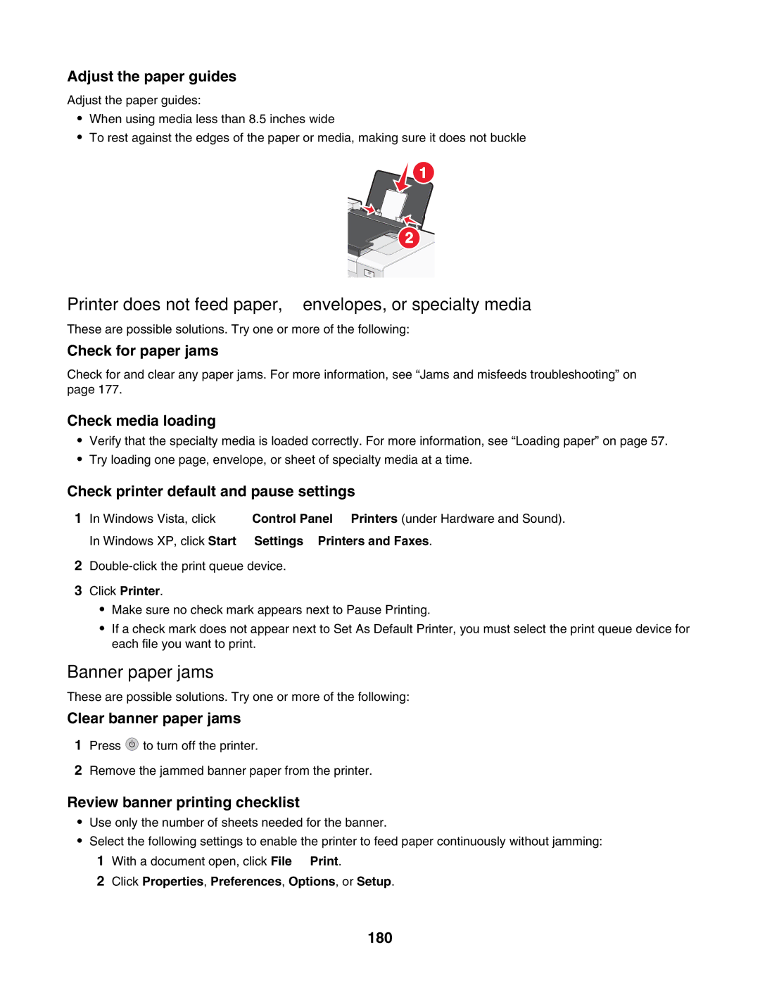 Lexmark 7500 Series manual Printer does not feed paper, envelopes, or specialty media, Banner paper jams 