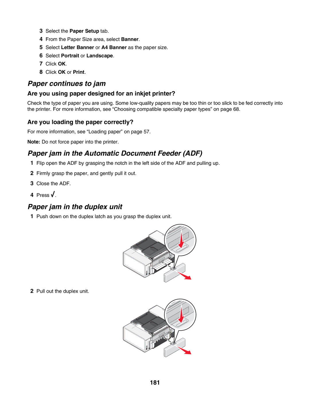 Lexmark 7500 Series Paper continues to jam, Paper jam in the Automatic Document Feeder ADF, Paper jam in the duplex unit 