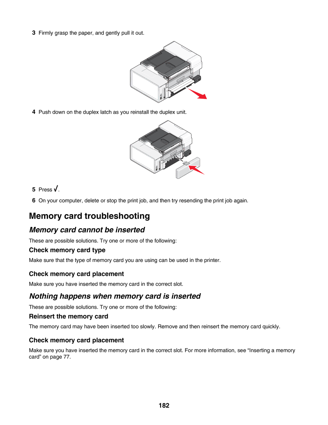 Lexmark 7500 Series manual Memory card troubleshooting, Memory card cannot be inserted 