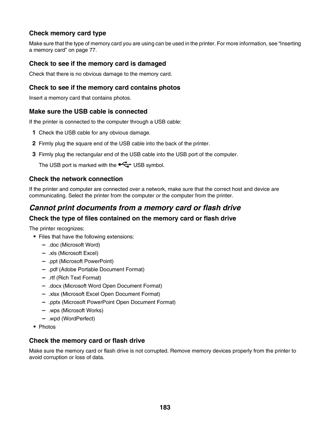 Lexmark 7500 Series manual Cannot print documents from a memory card or flash drive 