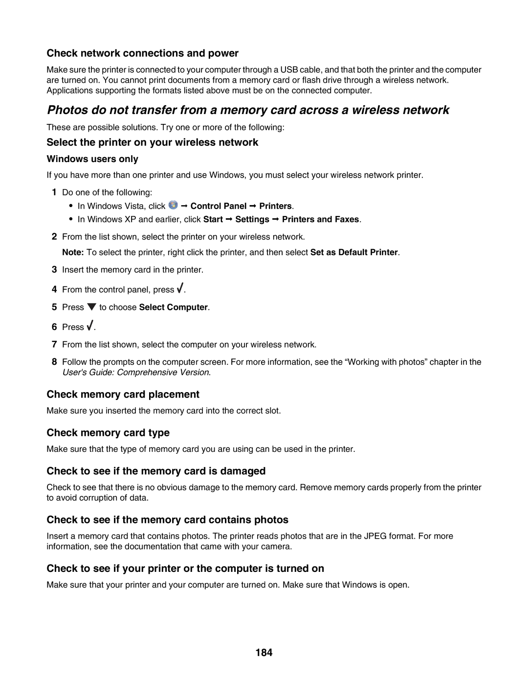 Lexmark 7500 Series manual Check network connections and power, Select the printer on your wireless network, 184 