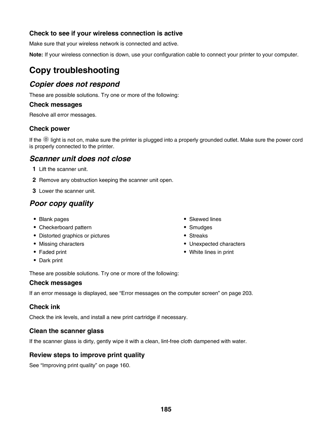 Lexmark 7500 Series manual Copy troubleshooting, Copier does not respond, Scanner unit does not close, Poor copy quality 