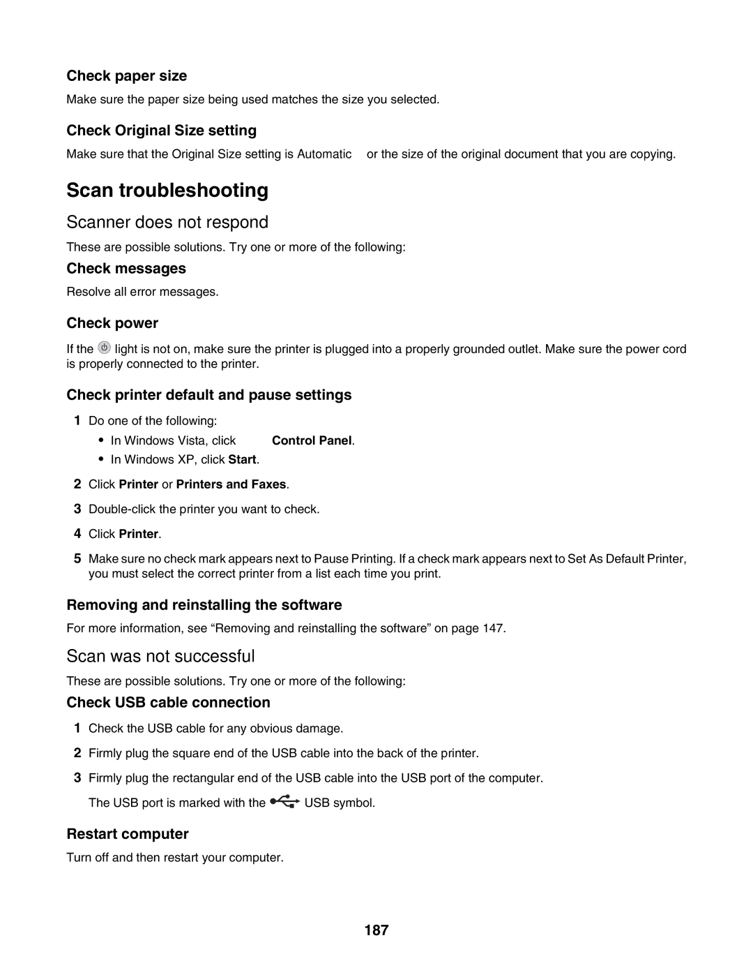 Lexmark 7500 Series manual Scan troubleshooting, Scanner does not respond, Scan was not successful 