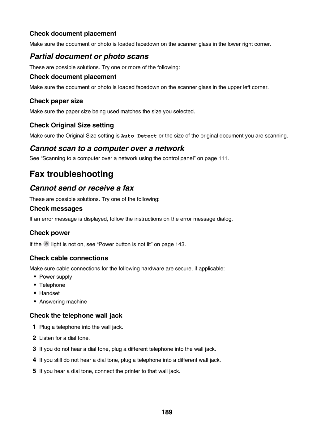 Lexmark 7500 Series manual Fax troubleshooting, Partial document or photo scans, Cannot scan to a computer over a network 