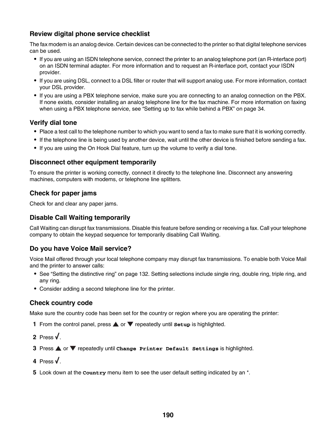 Lexmark 7500 Series Review digital phone service checklist, Verify dial tone, Disconnect other equipment temporarily, 190 