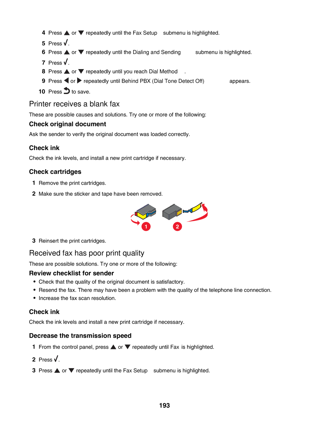 Lexmark 7500 Series manual Printer receives a blank fax, Received fax has poor print quality 