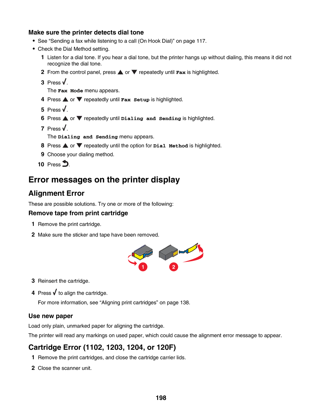 Lexmark 7500 Series manual Error messages on the printer display, Remove tape from print cartridge, Use new paper, 198 