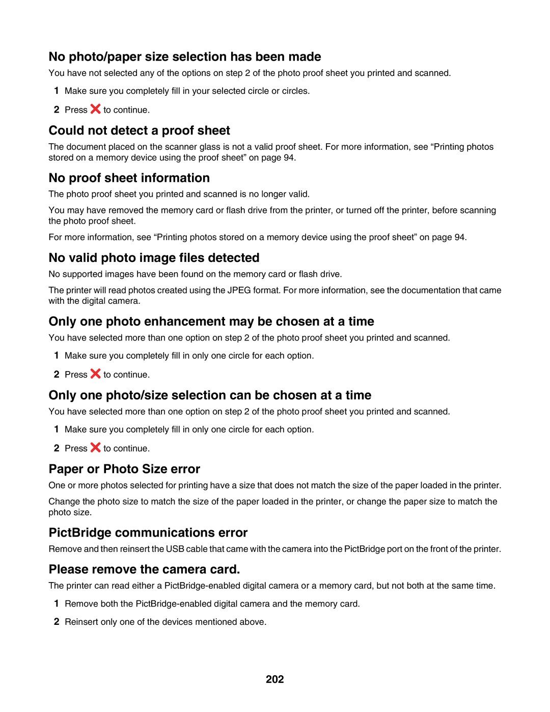 Lexmark 7500 Series manual No photo/paper size selection has been made, 202 