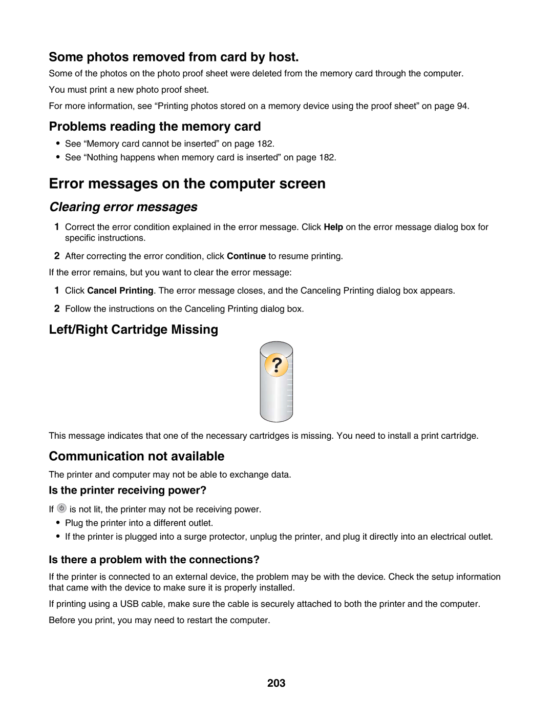 Lexmark 7500 Series Error messages on the computer screen, Clearing error messages, Is the printer receiving power?, 203 