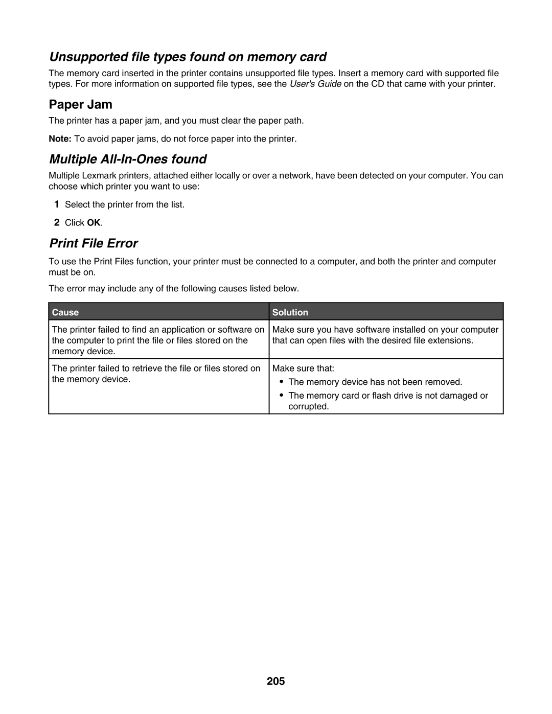 Lexmark 7500 Series manual Unsupported file types found on memory card, Multiple All-In-Ones found, Print File Error, 205 