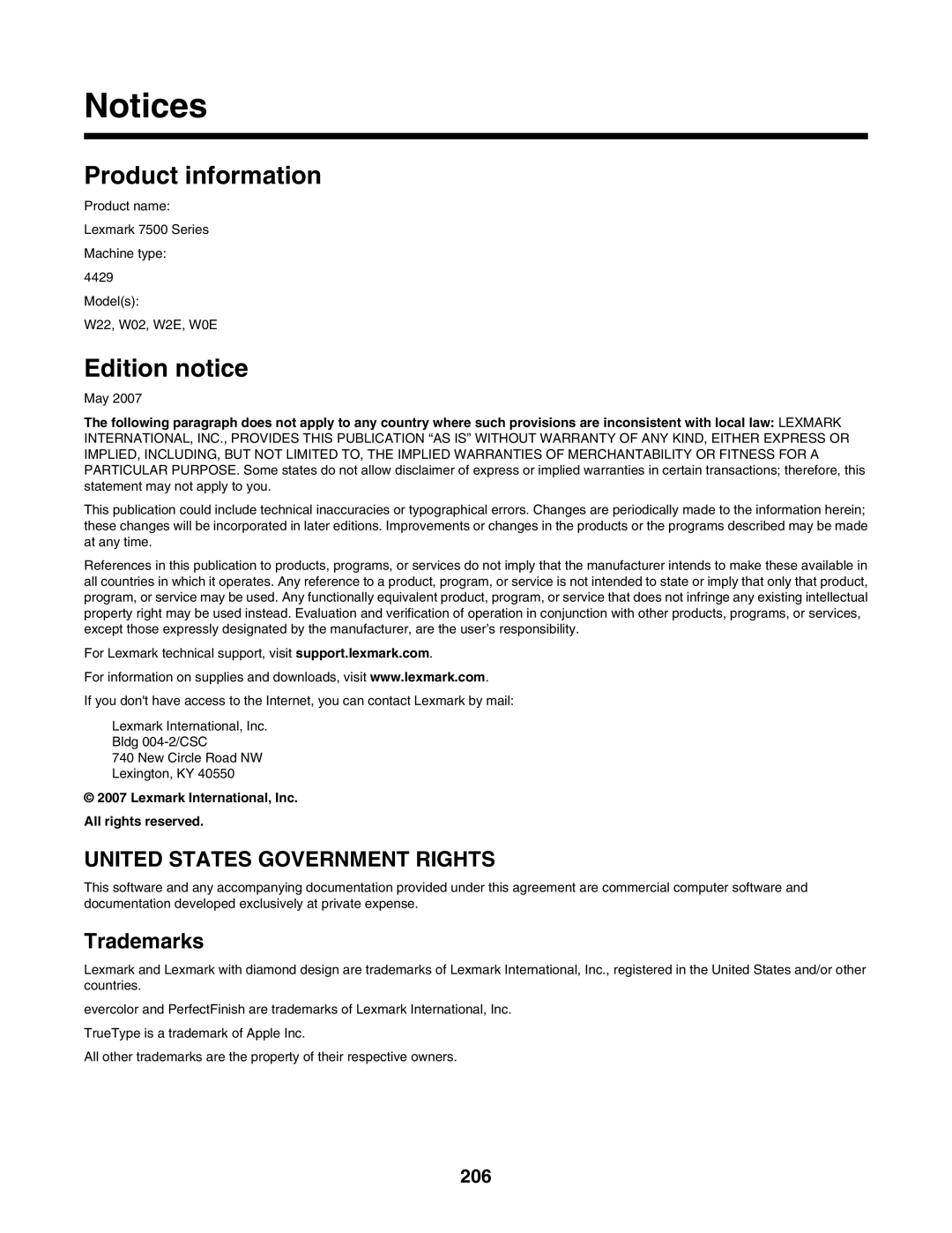 Lexmark 7500 Series manual Product information, Edition notice, 206 