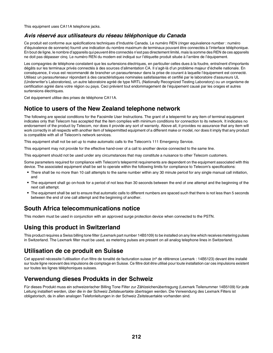 Lexmark 7500 Series manual South Africa telecommunications notice, 212 