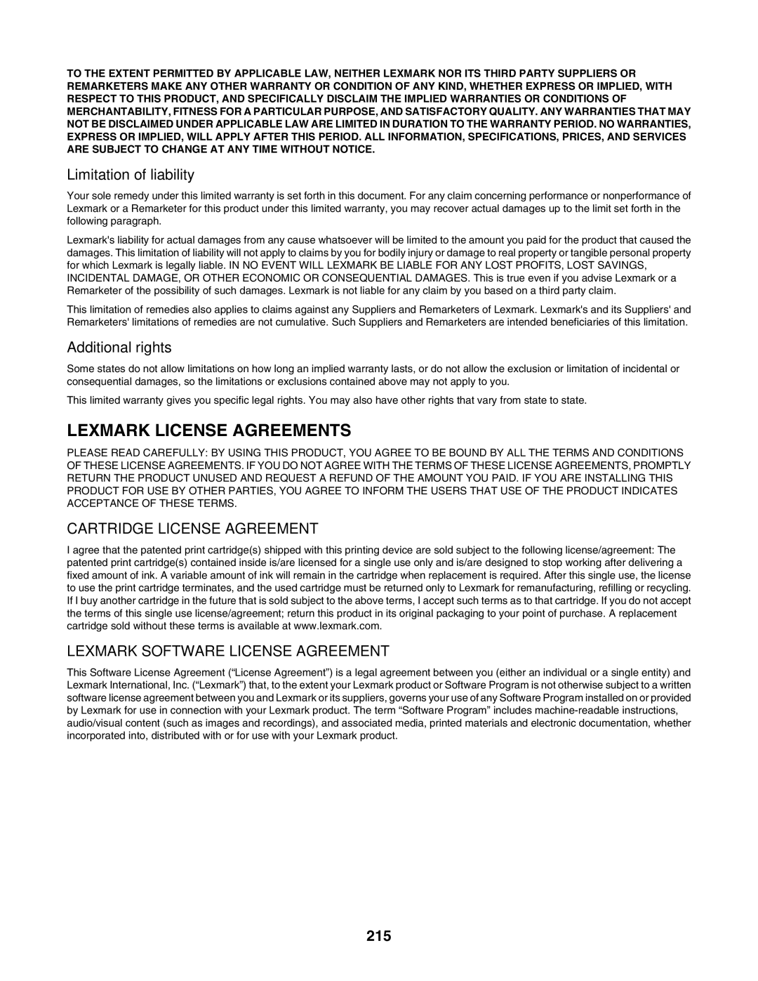 Lexmark 7500 Series manual Limitation of liability, 215 