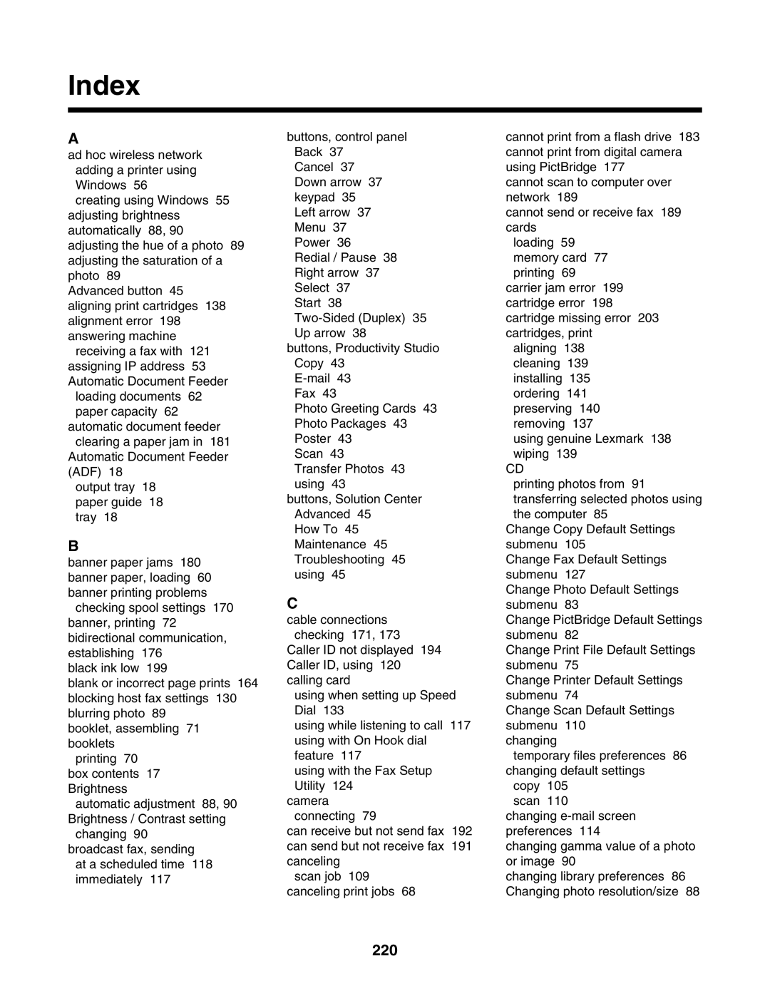 Lexmark 7500 Series manual Index, 220 