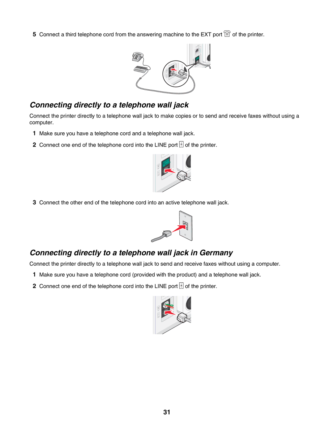 Lexmark 7500 Series manual Connecting directly to a telephone wall jack in Germany 