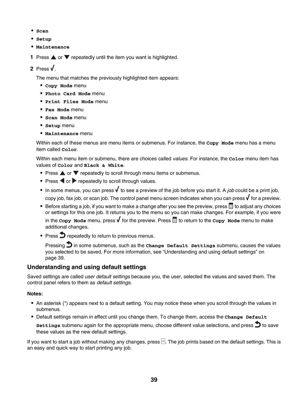 Lexmark 7500 Series manual Understanding and using default settings, Scan Setup Maintenance 