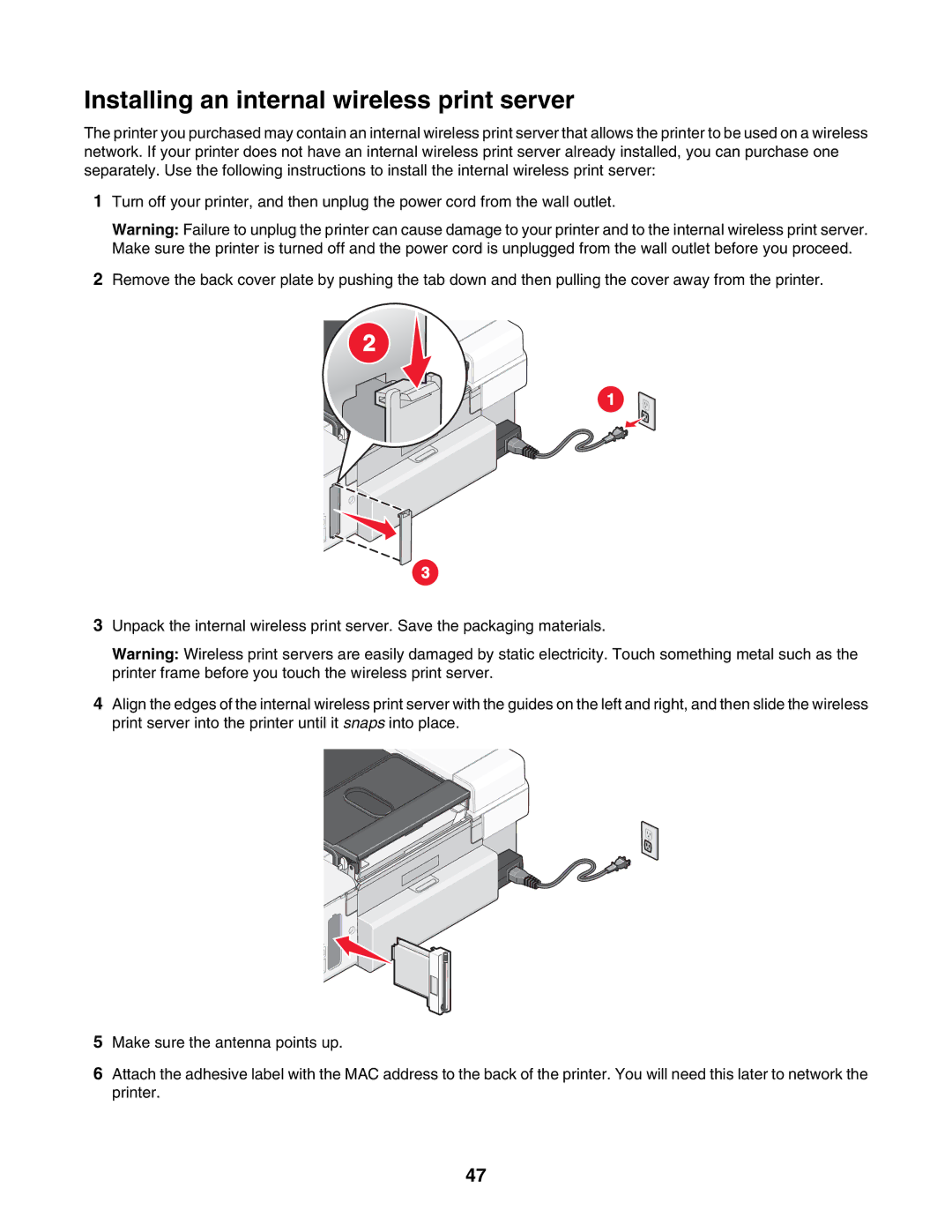 Lexmark 7500 Series manual Installing an internal wireless print server 