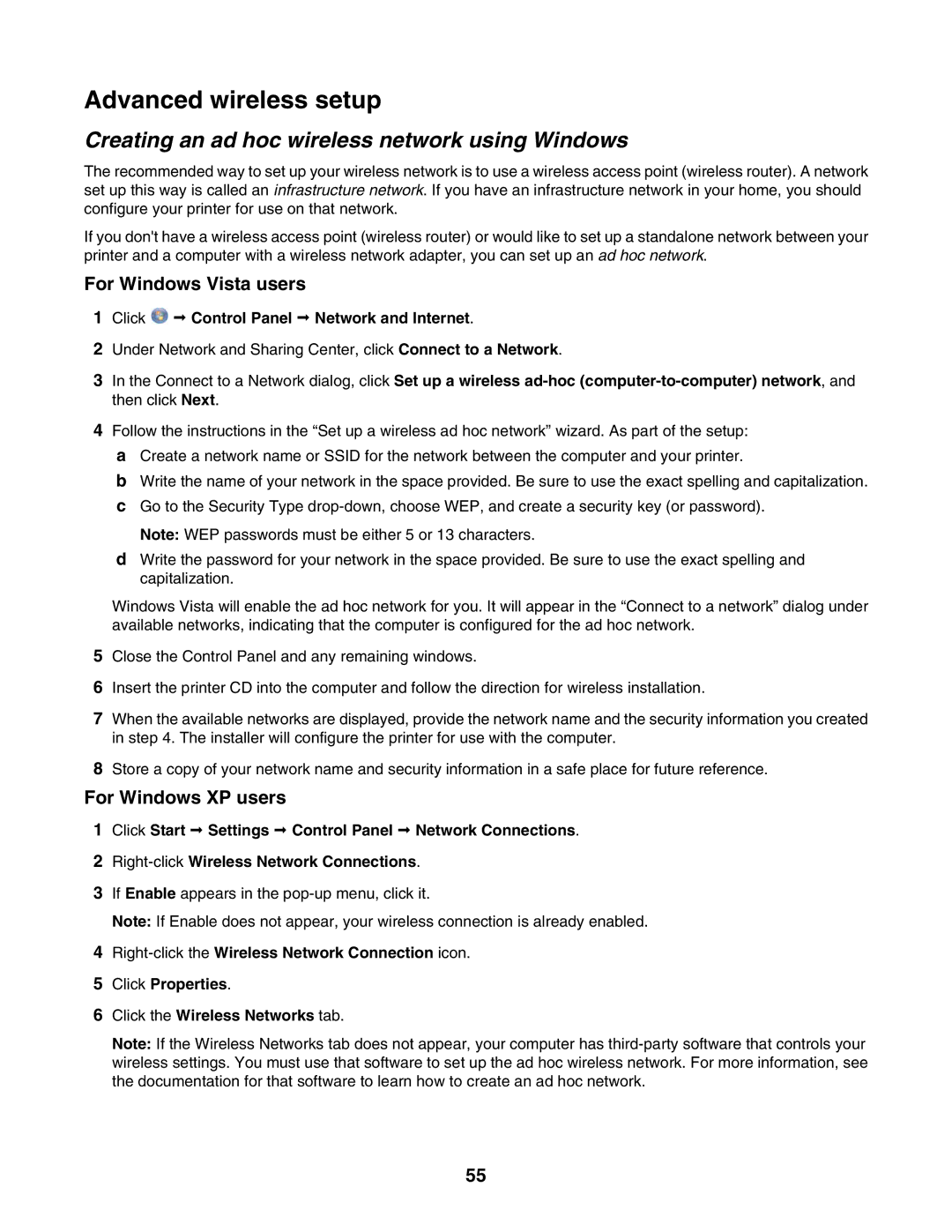 Lexmark 7500 Series Advanced wireless setup, Creating an ad hoc wireless network using Windows, For Windows Vista users 